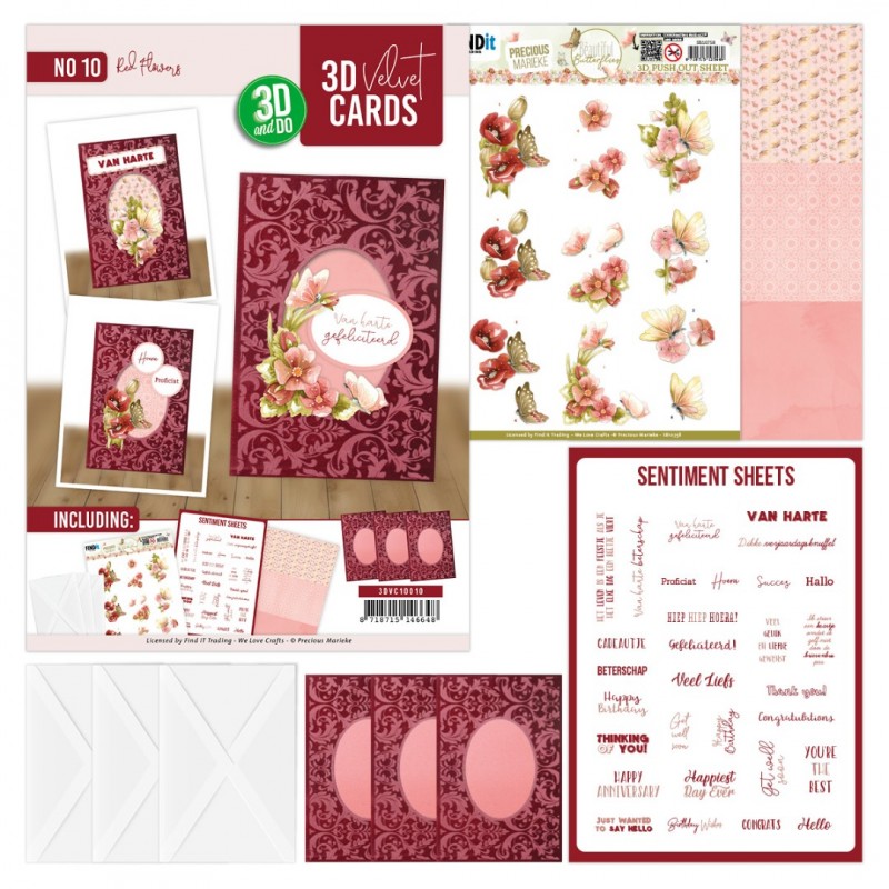 3D Velvet Cards A6 - Red Flowers