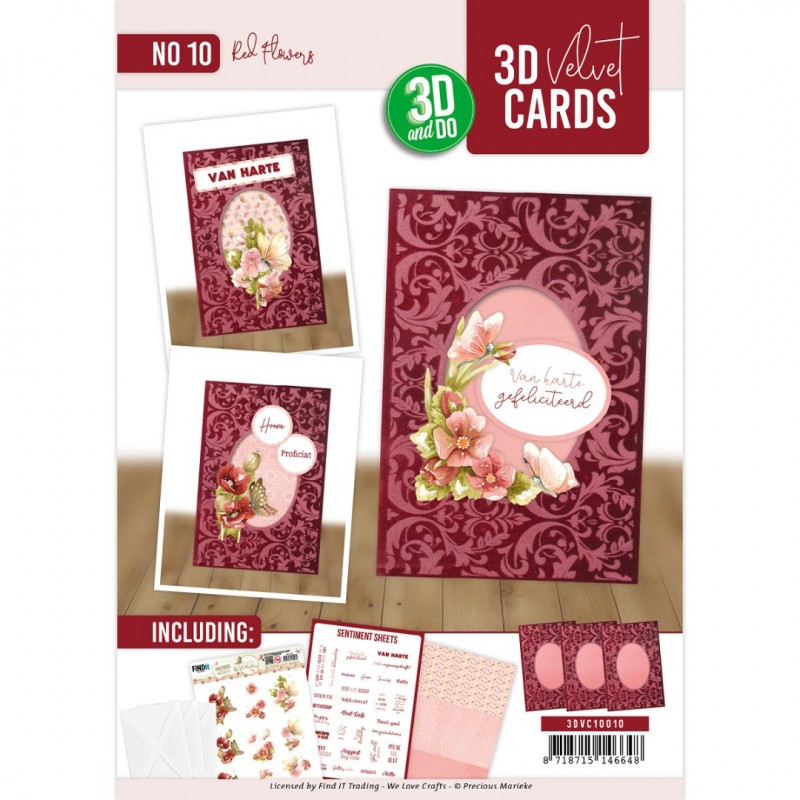 3D Velvet Cards A6 - Red Flowers