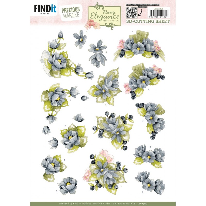 3D Cutting Sheet - Precious Marieke- Navy Elegance - Blue Flowers