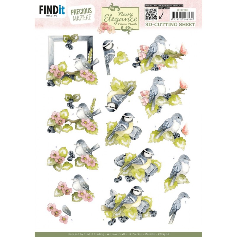 3D Cutting Sheet - Precious Marieke- Navy Elegance - Blue Birds