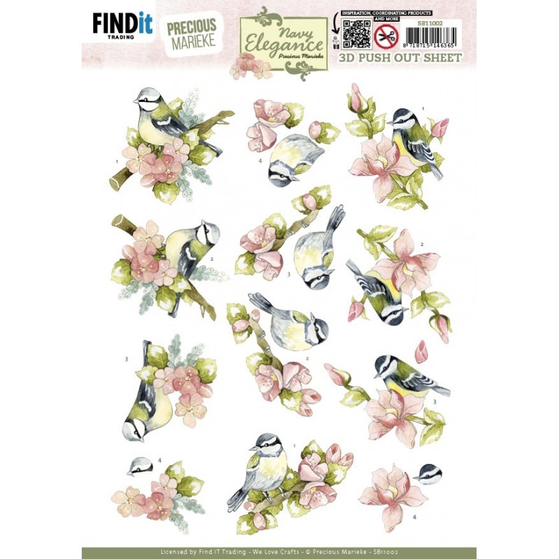 3D Pushout Sheet - Precious Marieke- Navy Elegance - Flower Bird