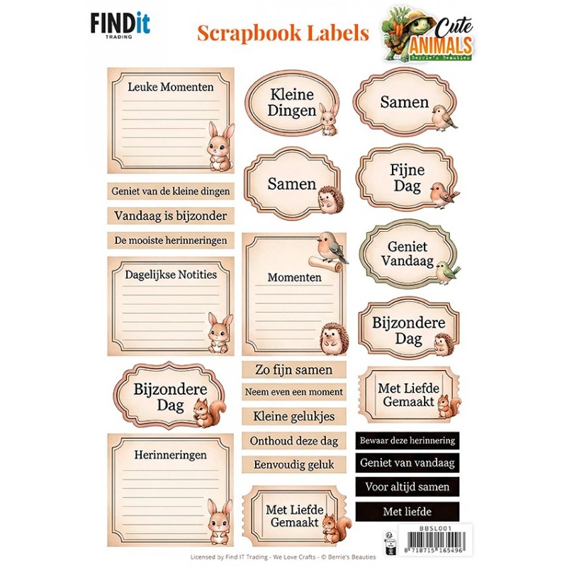 Berrie's Beauties Scrapbook Labels - Cute Animals - NL (gratis bij BC-02)